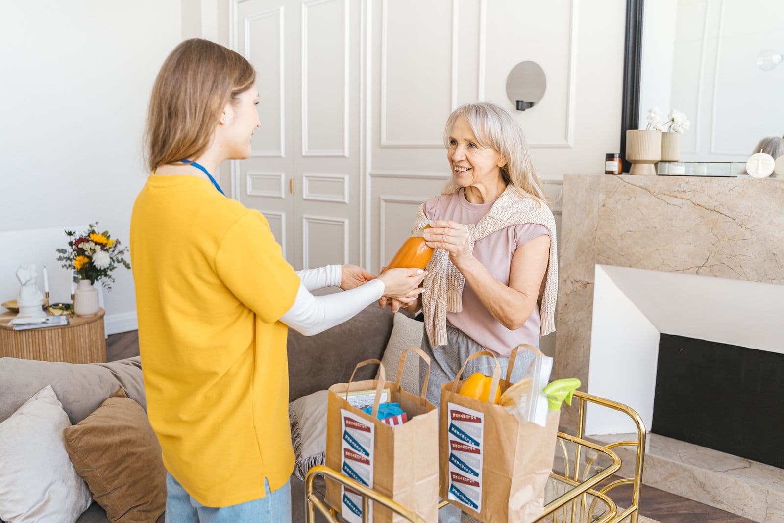 A young support worker handing groceries to an older woman at her door