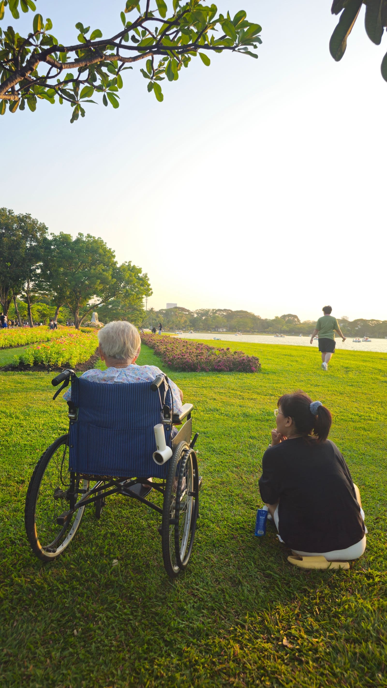 An older person and a support worker beside a river in a park